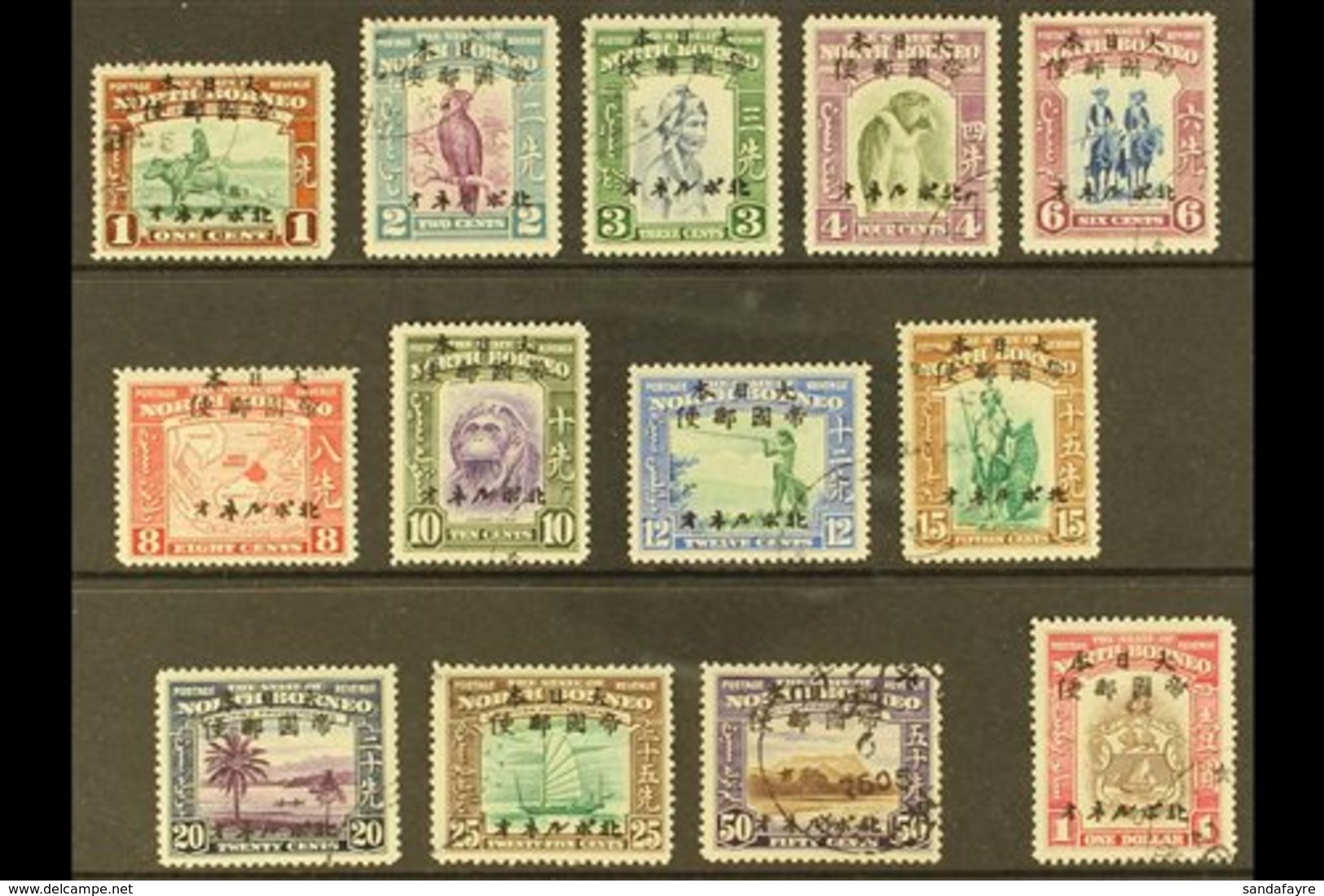 JAPANESE OCCUPATION  1944 Complete Set With Japanese Ovpts, SG J20/32, Small Thin On 1c, Otherwise Fine Used (13 Stamps) - North Borneo (...-1963)