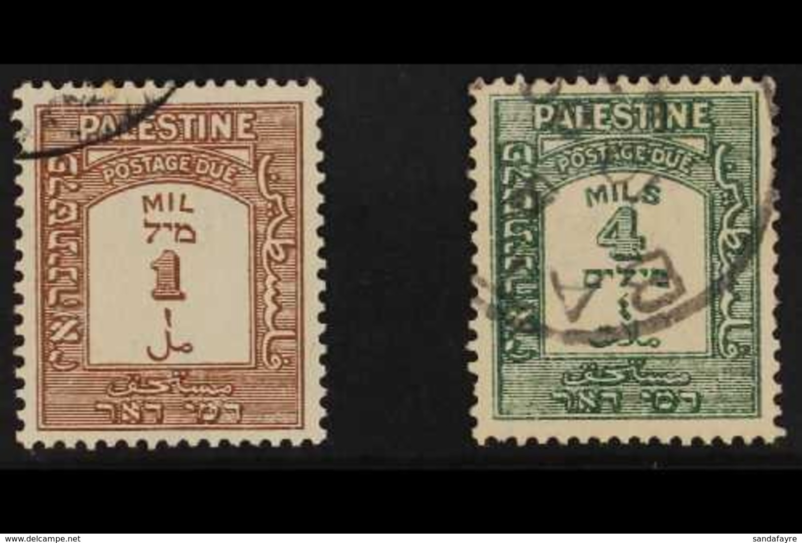 POSTAGE DUES  1928 1m Brown And 4m Green, Perf 15 X 14, SG D12a, D14a, Very Fine Used. Elusive Varieties. (2 Stamps) For - Palestina