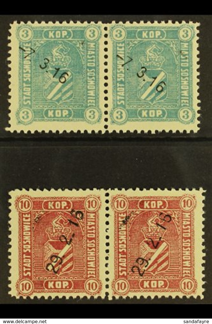 SOSNOWICE (SOSNOWIEC)  1916 Local Stamps Set (Michel 1/2, Barefoot 1/2), Very Fine Used Horizontal PAIRS, Fresh. (2 Pair - Otros & Sin Clasificación