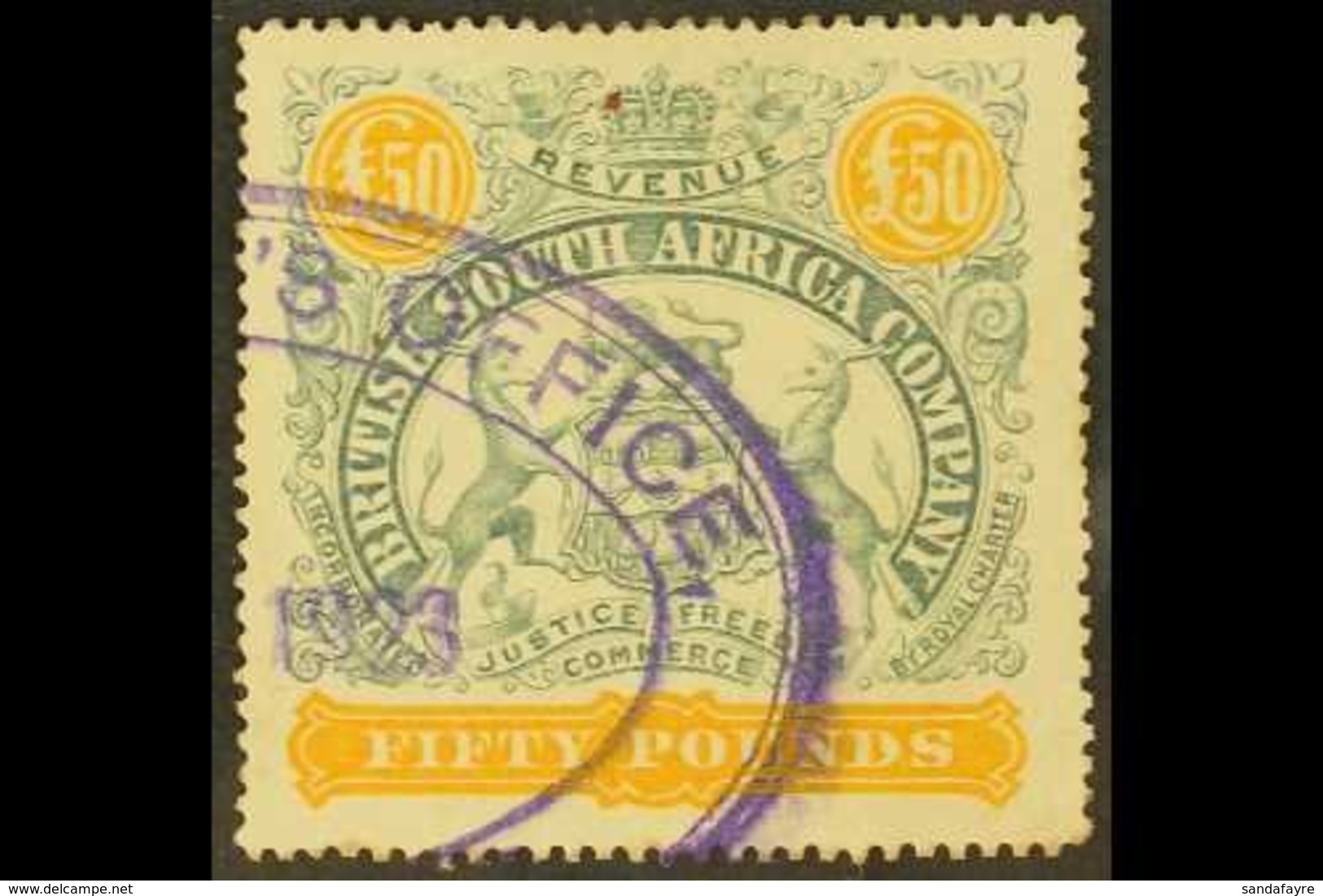 REVENUE STAMPS  1897 £50 Grey-green And Orange, Barefoot 12, Fine Used With Violet Oval Cancel (without Perfin). Scarce  - Altri & Non Classificati