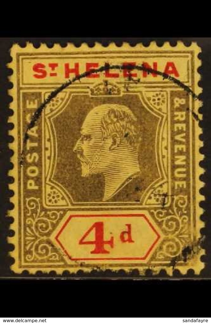 1908-11  4d Black & Red On Yellow, Chalky Paper, Wmk Mult Crown CA, BROKEN FRAME Left Of "A" Of "HELENA" (Spaven Flaw),  - Isla Sta Helena