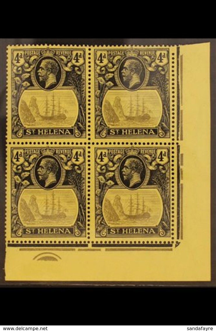 1922-37  4d Grey & Black On Yellow, Wmk Mult Crown CA, Corner, CYLINDER BLOCK OF FOUR, SG 92, Very Fine Mint. For More I - Isola Di Sant'Elena