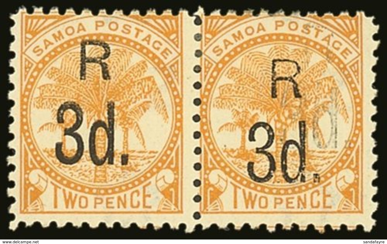 1895  3d On 2d Yellow, Perf 11 PAIR WITH DOUBLE SURCHARGE ERROR On One Stamp, SG 76a Variety / Odenweller OB3fR1(z), Fin - Samoa