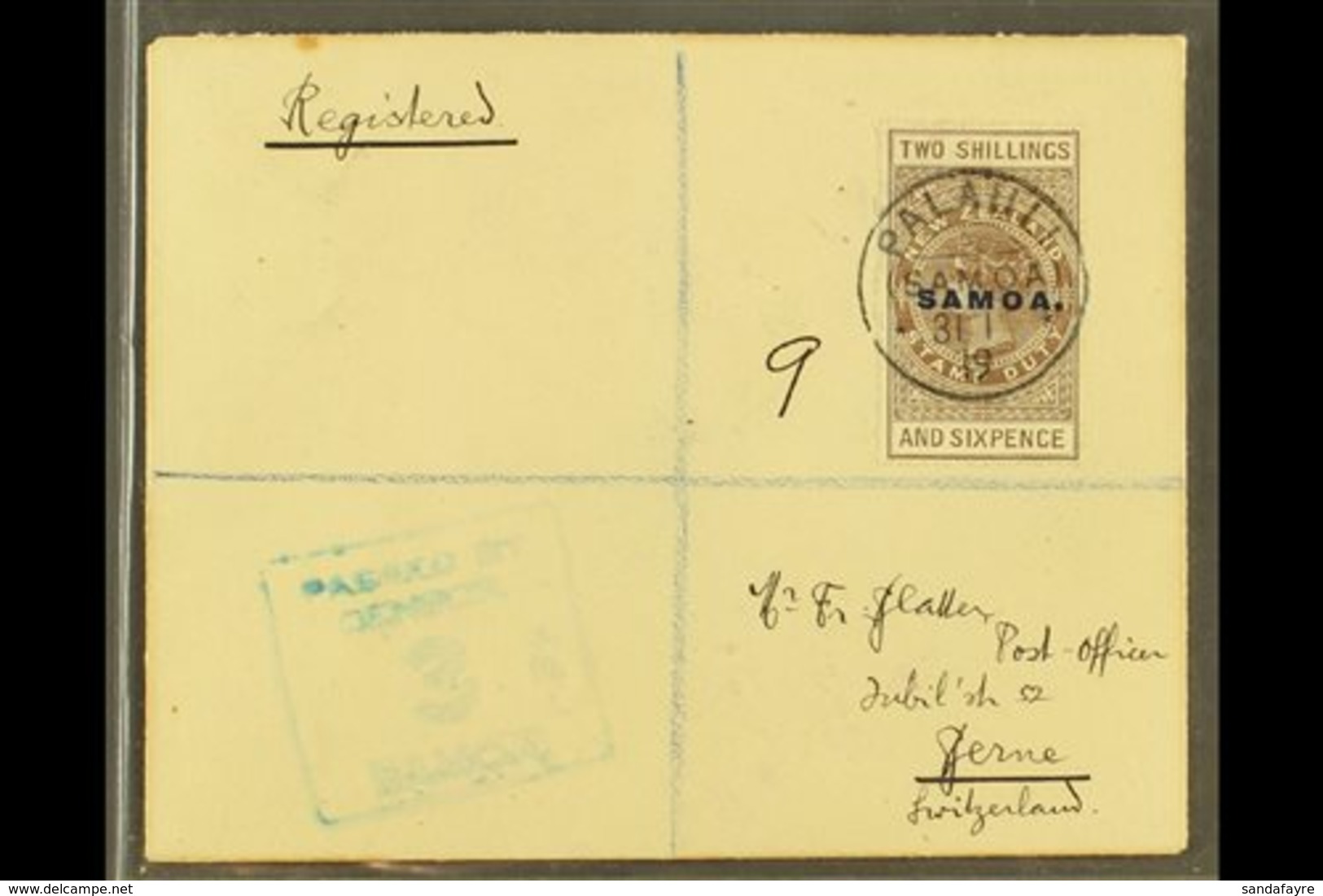 1919  (31 Jan) Registered Env To Switzerland Bearing The 1917 2s6d Grey- Brown 'tall' Stamp (SG 123) Tied By Superb Germ - Samoa (Staat)