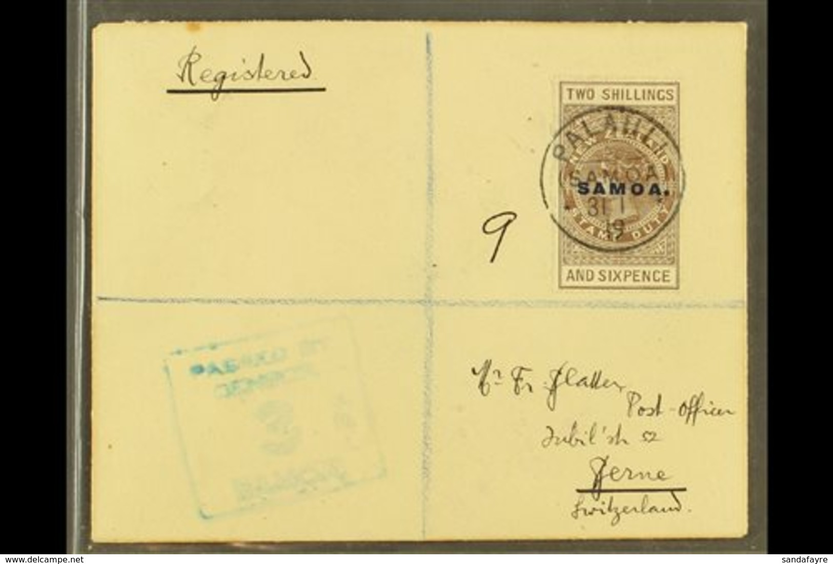 1919  (31 Jan) Registered Env To Switzerland Bearing The 1917 2s6d Grey- Brown 'tall' Stamp (SG 123) Tied By Superb Germ - Samoa