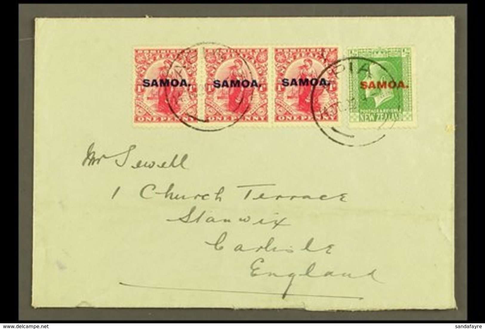 1922  Small, Plain Cover To England, Sent 3½d Rate, Franked 1d In A Strip Of 3 & KGV ½d , SG 116, 134, Apia 14.11.22 Pos - Samoa (Staat)