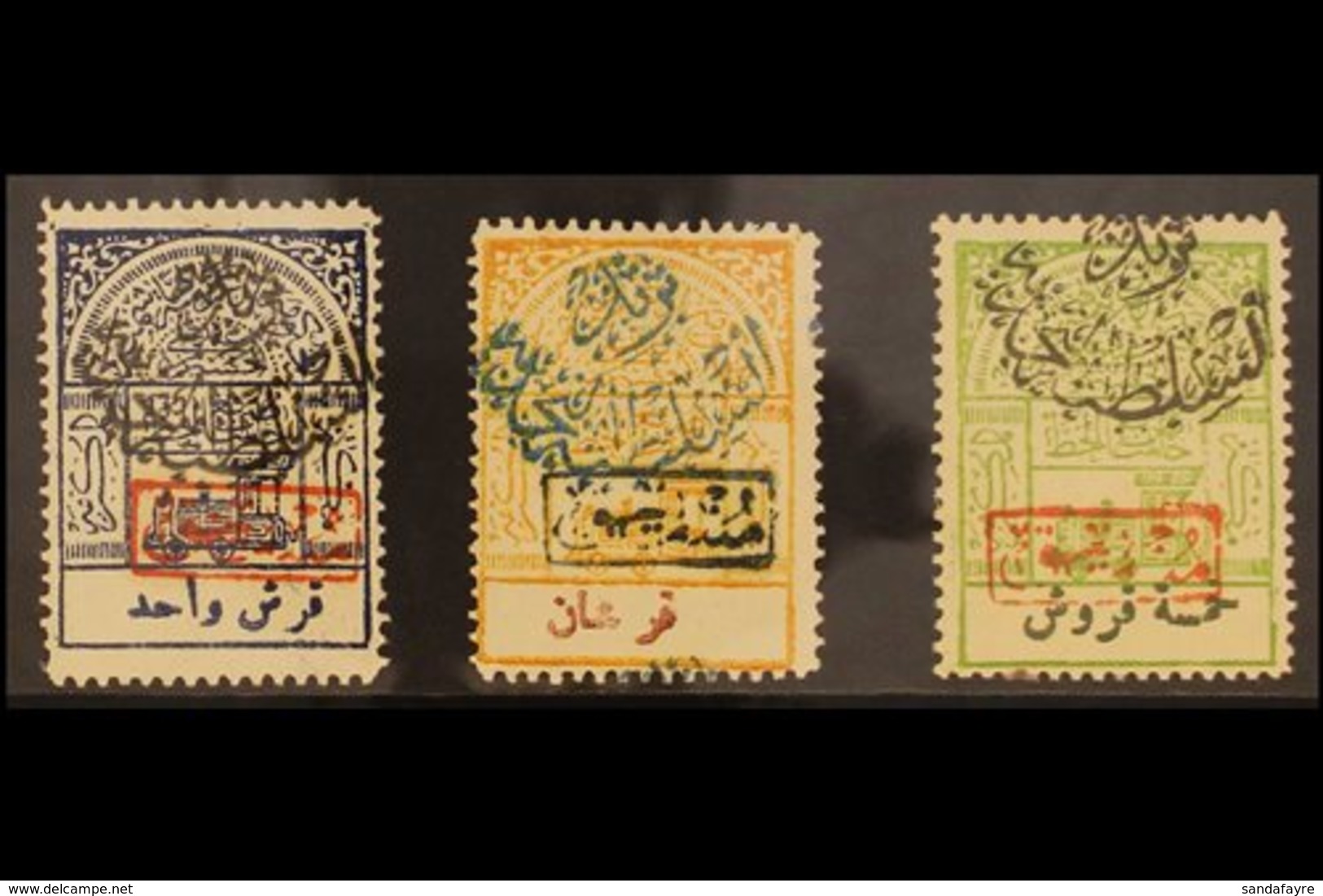 POSTAGE DUE  1925 (Aug) Handstamps On 1pi Blue, 2pi Orange, And 5pi Green Railway Tax Stamps, SG D232, D233, And D236, F - Saudi Arabia
