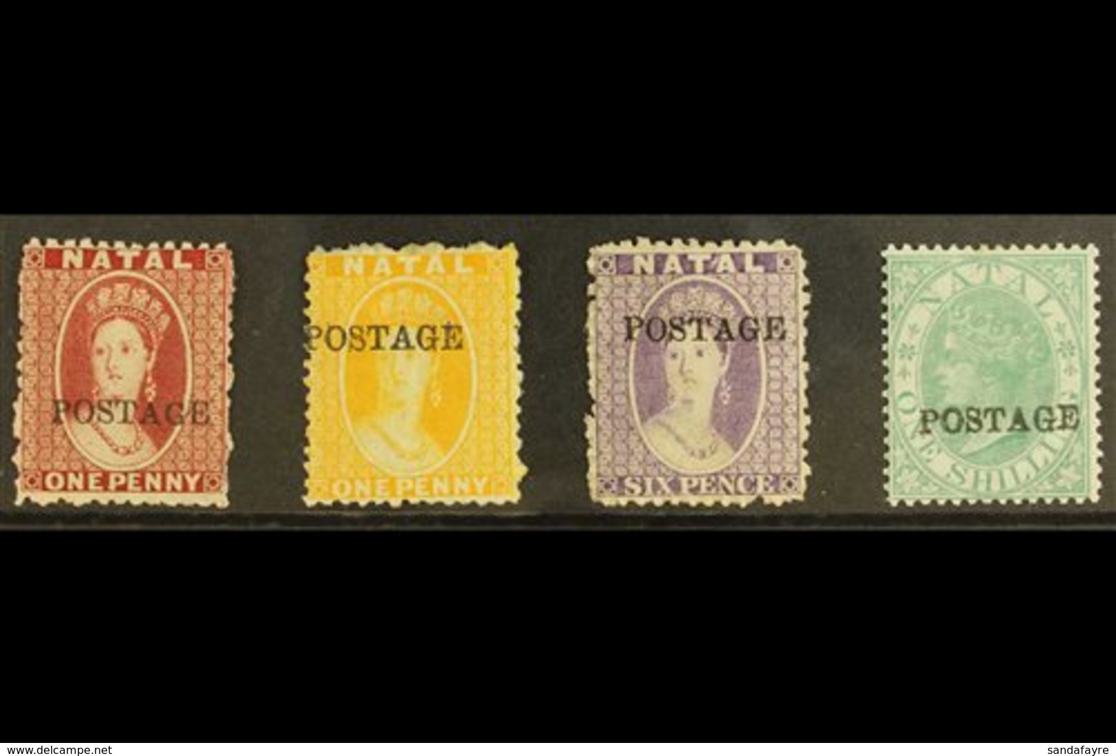 NATAL  1875-76 1d Rose, 1d Yellow, 6d Violet, And 1s Green With "POSTAGE" Overprints (14½mm Without Stop), SG 81/84, Fin - Non Classés