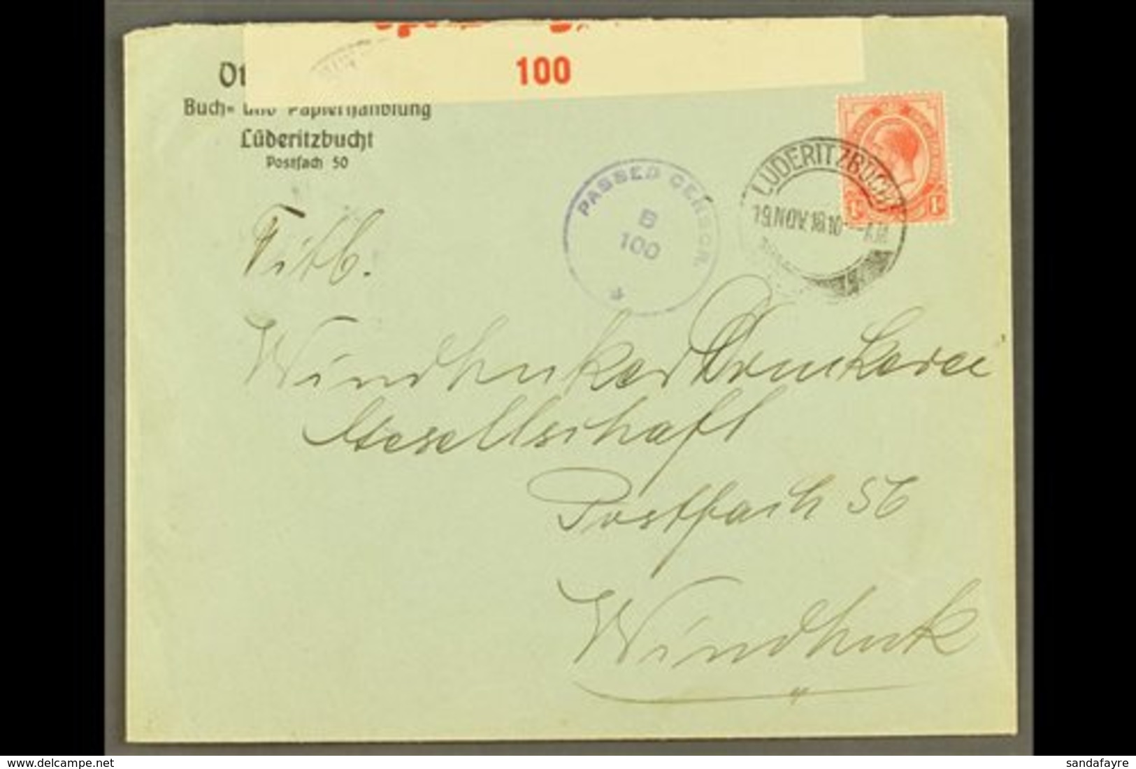 1918  (19 Nov) Printed Cover To Windhuk Bearing 1d Union Stamp Tied By "LUDERITZBUCHT" Cds Cancellation, Putzel Type B9  - Afrique Du Sud-Ouest (1923-1990)