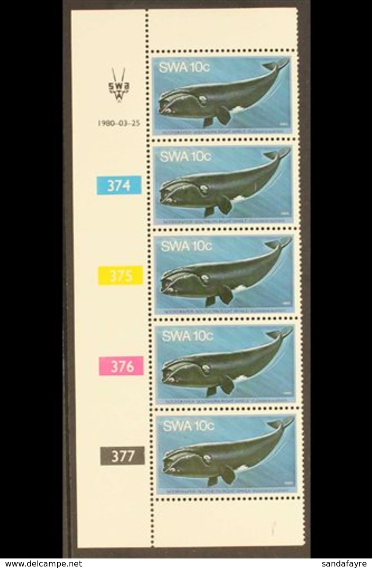 1980  10c Whales On Phosphorescent Paper, SACC 349a, Never Hinged Mint CONTROL STRIP OF FIVE, This Being The Only Known  - Afrique Du Sud-Ouest (1923-1990)