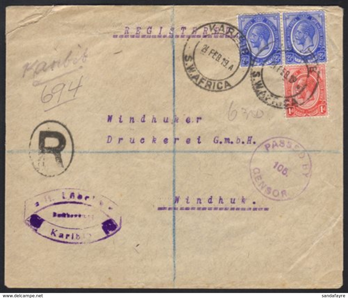 FORERUNNER  1919 (24 Feb) Registered Cover To Windhoek, Franked South Africa KGV 2½d Pair & 1d Stamps, Tied By  "KARIBIB - Africa Del Sud-Ovest (1923-1990)