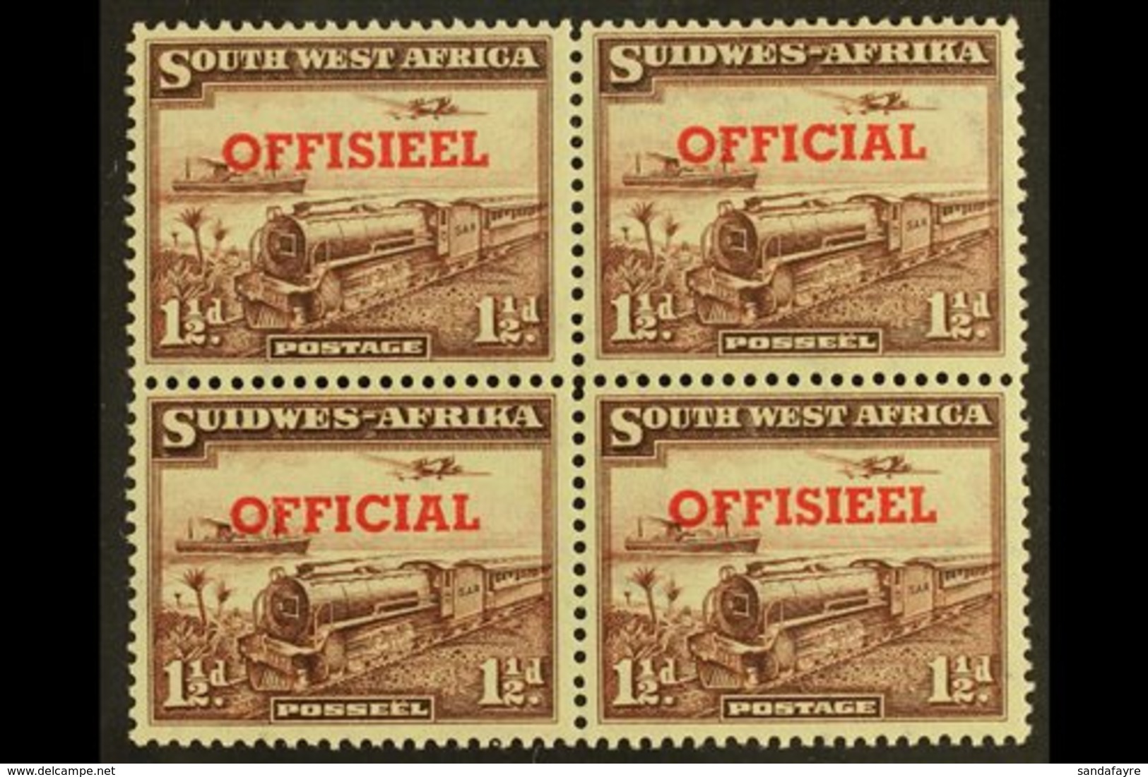 OFFICIAL  1951-2 1½d TRANSPOSED OVERPRINTS In A Block Of Four, SG O25a, Top Pair Lightly Hinged, Lower Pair Never Hinged - South West Africa (1923-1990)