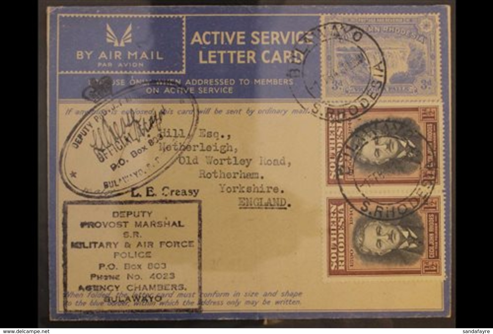 AEROGRAMME  1944 (1 Feb) 3d Ultramarine Postal Stationary Air Active Service Letter Card Addressed To England And Uprate - Rhodésie Du Sud (...-1964)