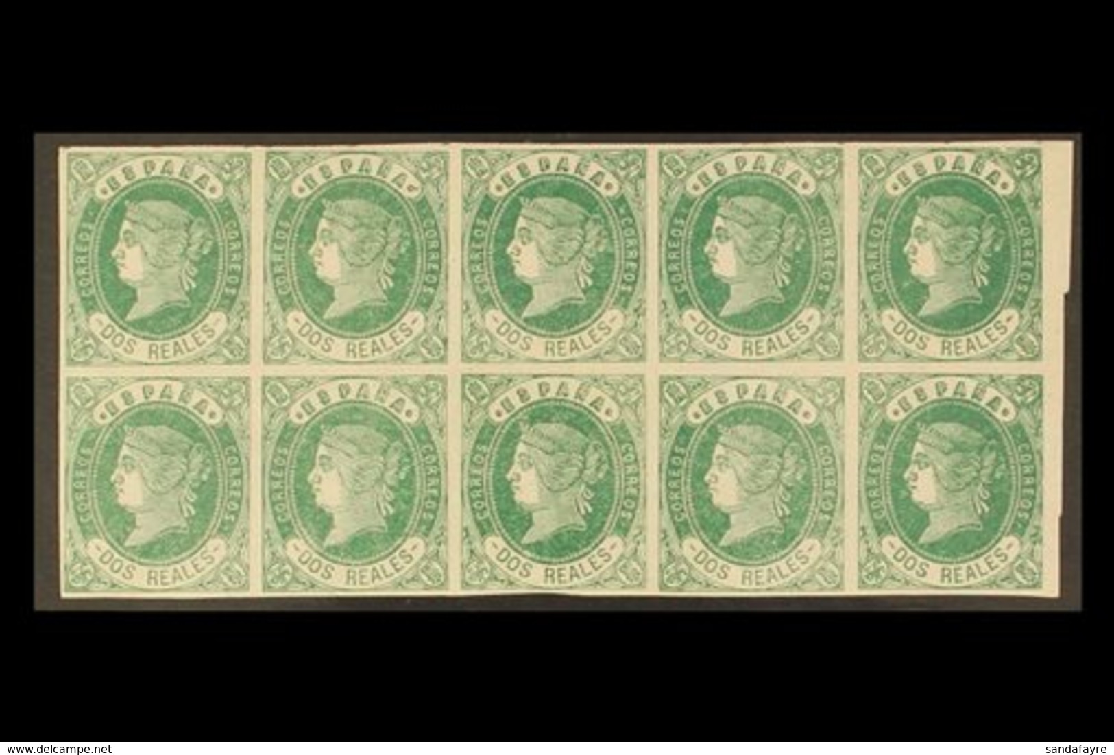 1862  2r Green On Pale Rose Imperf, SG 74a (Edifil 62), Never Hinged Mint BLOCK OF TEN With 4 Large Margins. A Wonderful - Andere & Zonder Classificatie