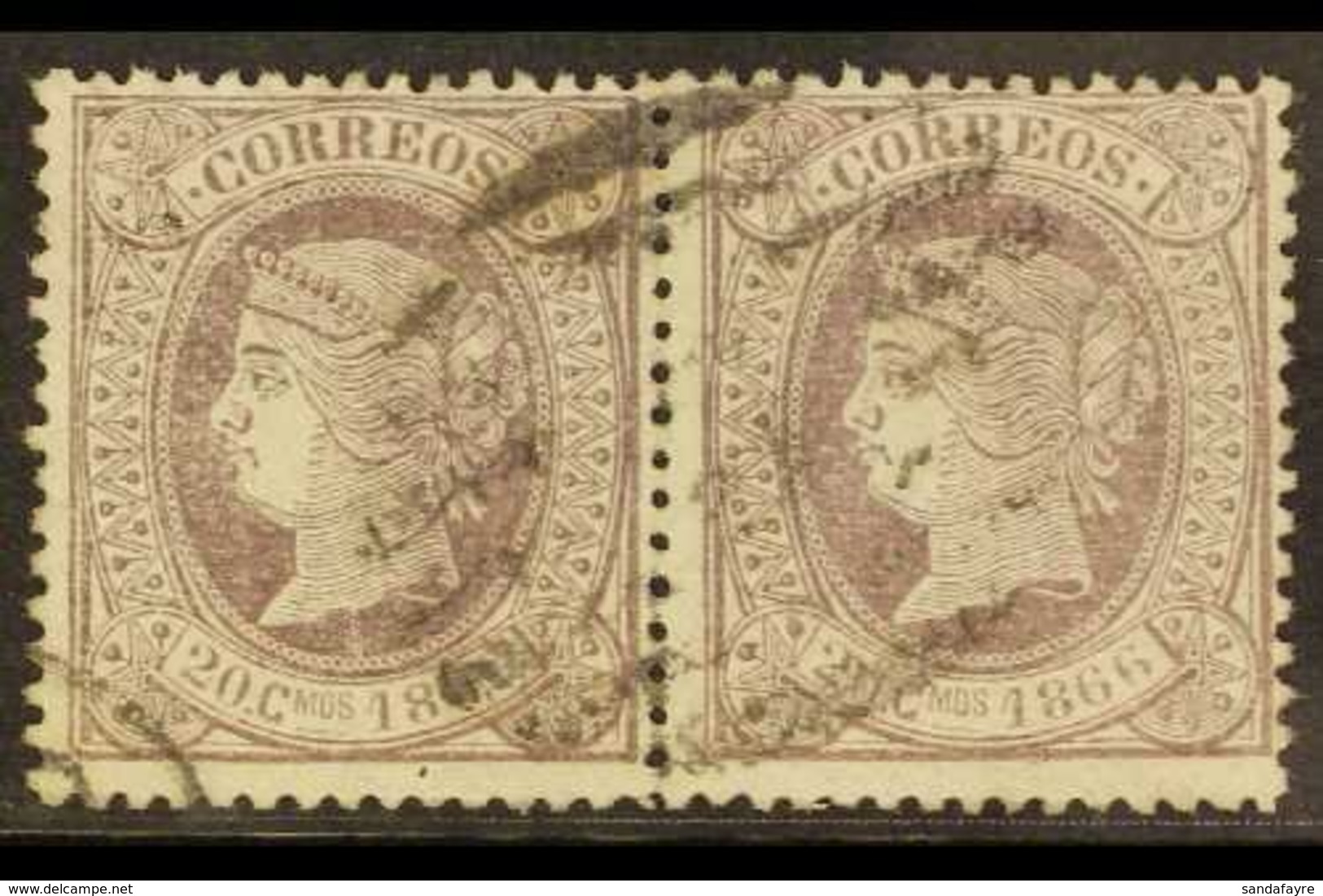 1866  20c De E. Lilac Perf 14, SG 98 (Edifil 86), Very Fine Used PAIR. A Scarce Multiple. For More Images, Please Visit  - Autres & Non Classés