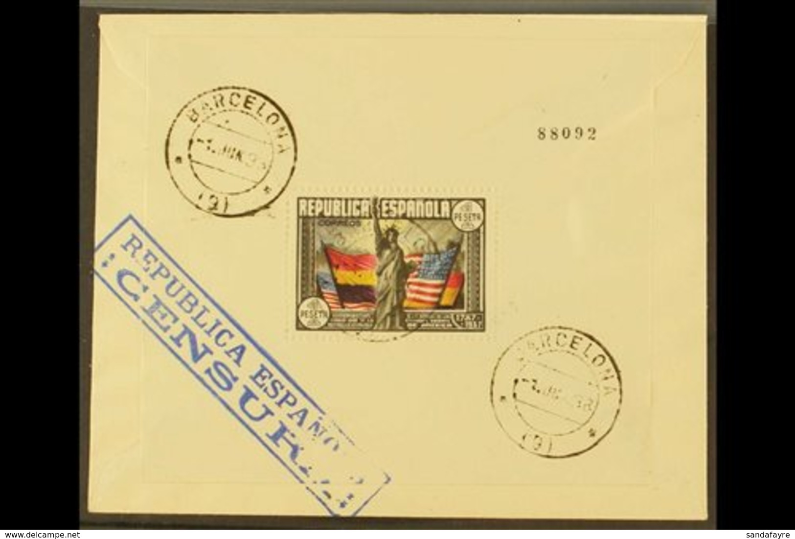 1938 FIRST DAY COVER  (June 1st) 150th Anniversary Of U.S Constitution 1 Peseta Mini Sheet, SG MS846 On Cover Rear Tied  - Autres & Non Classés