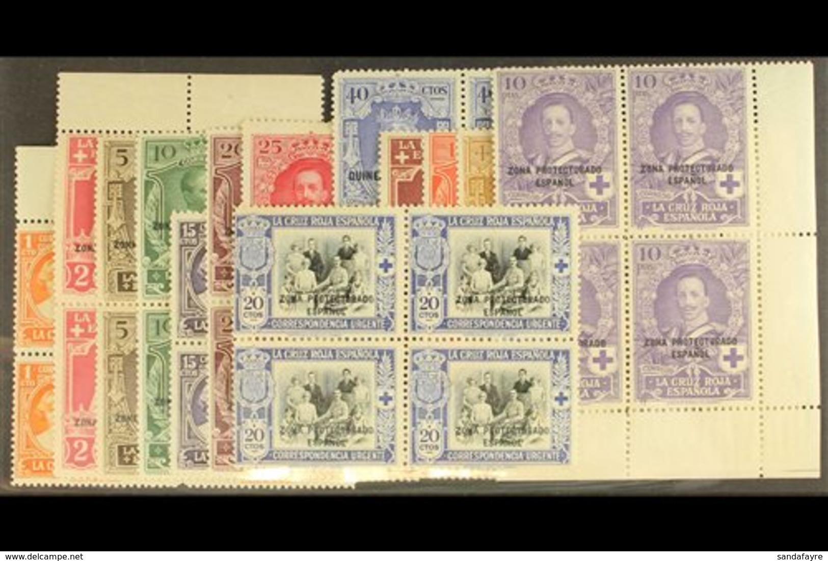 MOROCCO  1926 Red Cross Set + 20c Express Stamp, SG 111/E124 (Edifil 91/104) Never Hinged Mint BLOCKS OF FOUR (the 25c A - Autres & Non Classés