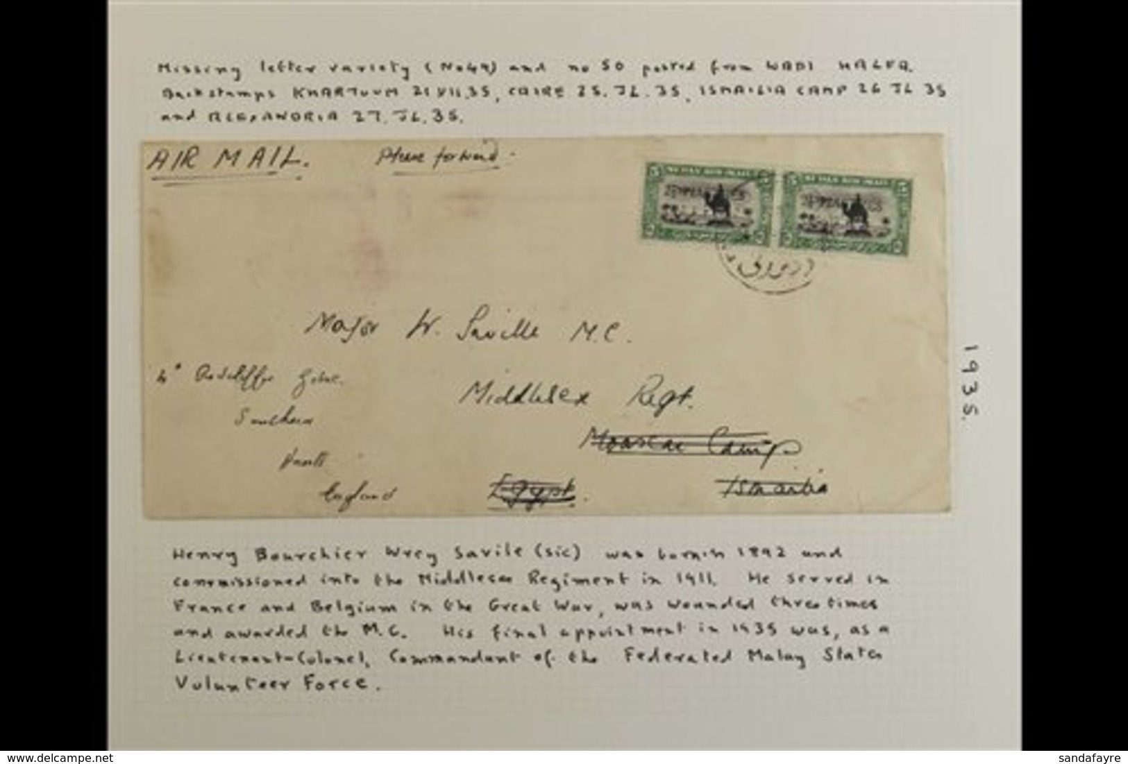 1935  2½pi On 5m Black & Green PAIR With Second Stamp MISSING Second Arabic Letter From Left, SG 70a, Used On Cover & Ne - Soudan (...-1951)