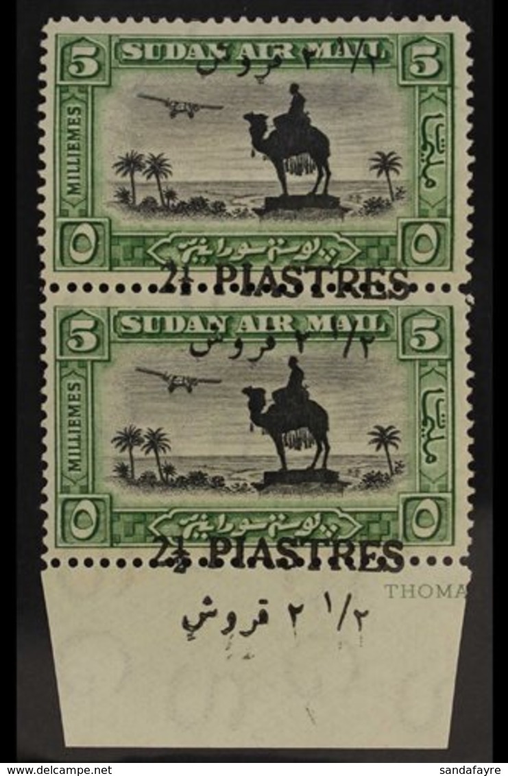 1935  2½pi On 5m Black & Green, Lower Margin Vertical Pair With SURCHARGE SHIFTED DOWNWARDS (Arabic Above "2½ PIASTRES") - Soudan (...-1951)