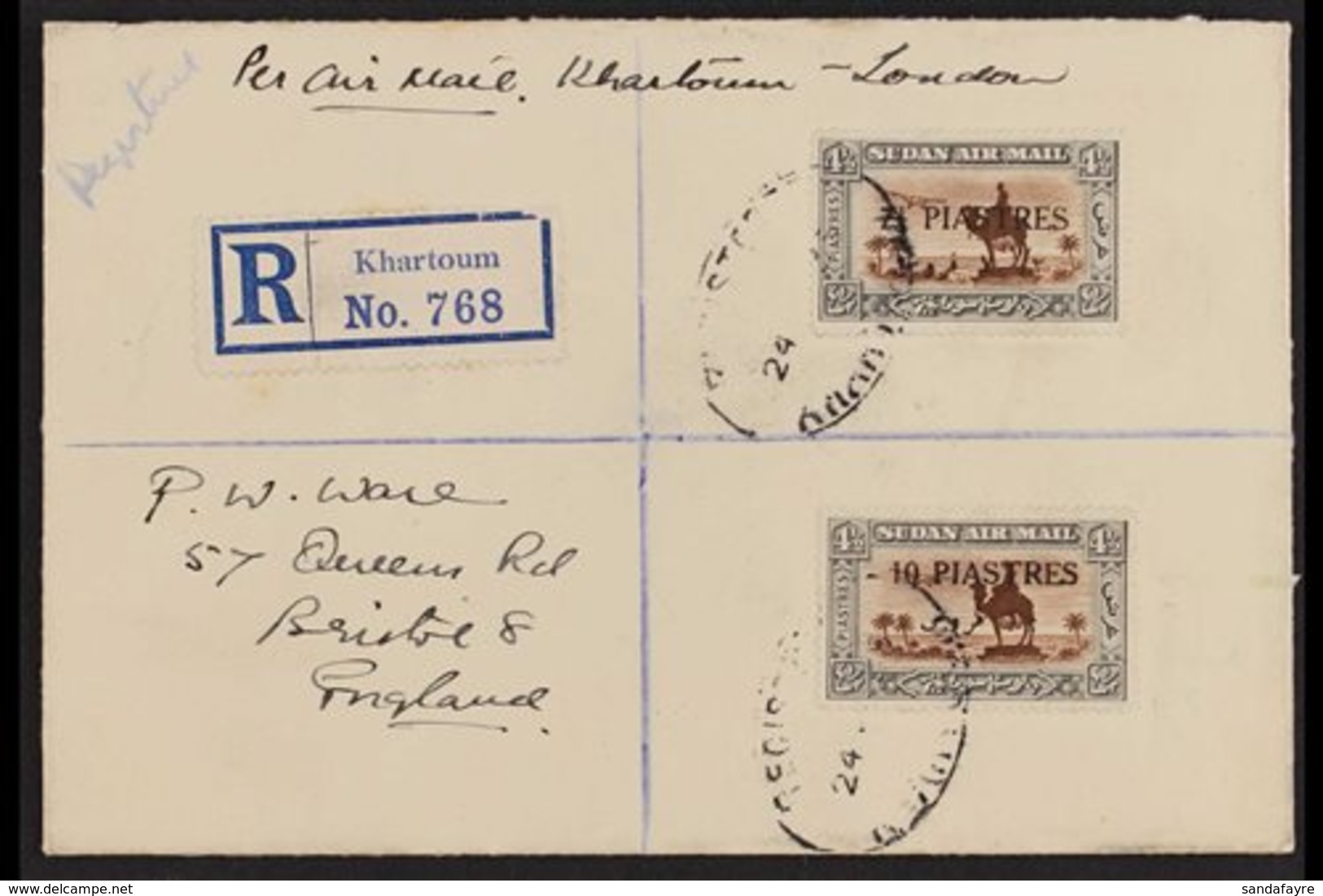 1935  7½pi On 4pi & 10pi On 4pi Used On Registered, Airmail Cover, 10pi With Joined "ES" In "PIASTRES," SG 72/3, Neatly  - Soudan (...-1951)