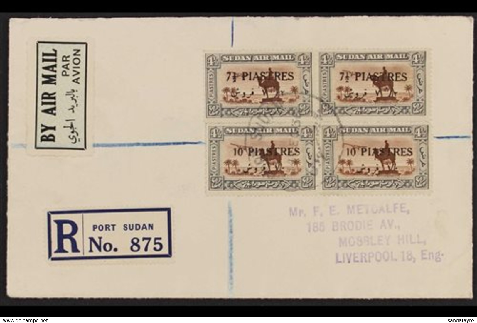 1935  7½pi On 4pi & 10pi On 4pi PAIRS Used On Registered, Airmail Cover, SG 72/3, Neatly Cancelled With 1936 PORT SUDAN  - Sudan (...-1951)