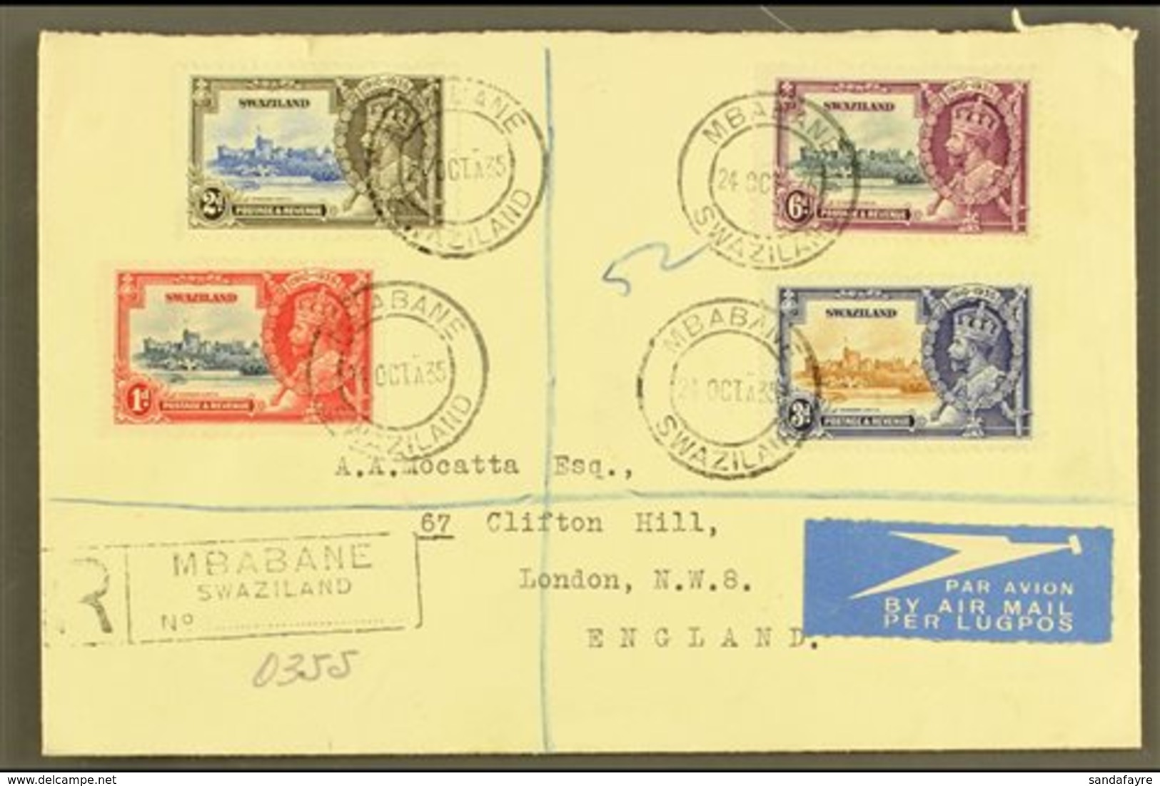 1935  Silver Jubilee Complete Set, SG 21/24, Fine Used On Registered Air Cover To London, Mbabane Cds's.  For More Image - Swasiland (...-1967)