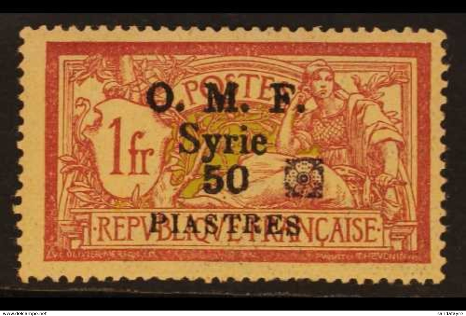 1920  50pi On 1fr Lake And Yellow, Aleppo Vilayet Issue With Rosette In Black, SG 55A, Very Fine Mint. Rare Stamp. For M - Syrië