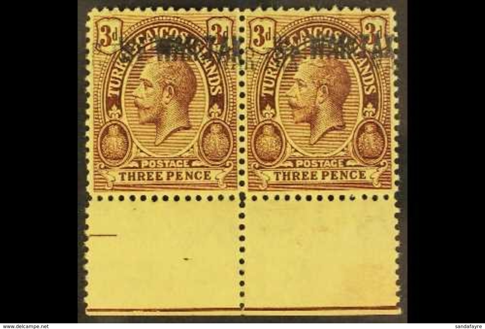 1917  3d Purple / Yellow With "WAR TAX" DOUBLE, SG 144a, Never Hinged Mint PAIR With Sheet Margin At Base. For More Imag - Turks & Caicos (I. Turques Et Caïques)