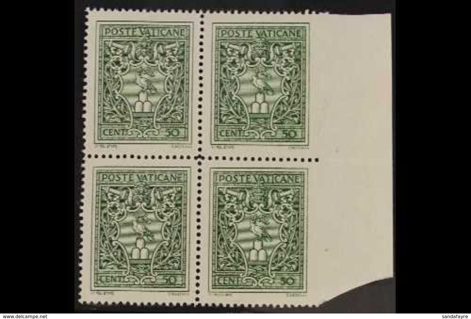 1945 VARIETY  50c Green, Crest,  Block Of 4 Variety "imperf At Right", Sass 93f, Very Fine Never Hinged Mint. For More I - Otros & Sin Clasificación