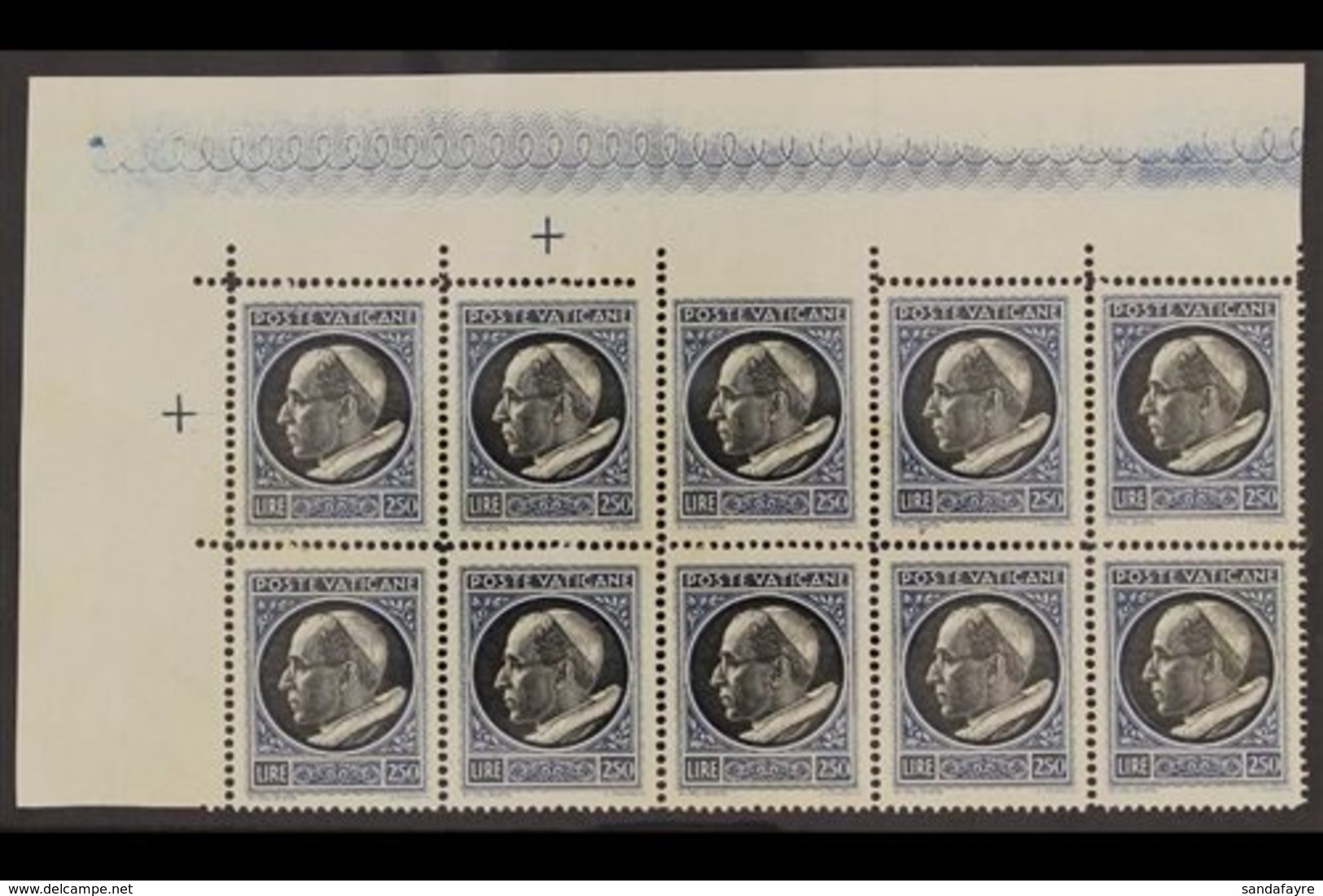 1945 VARIETY  2.50L Blue And Black, Pius XII, Corner Block Of 10, Row 1/3, Showing The Variety "Imperf At Top", Sass 96d - Altri & Non Classificati