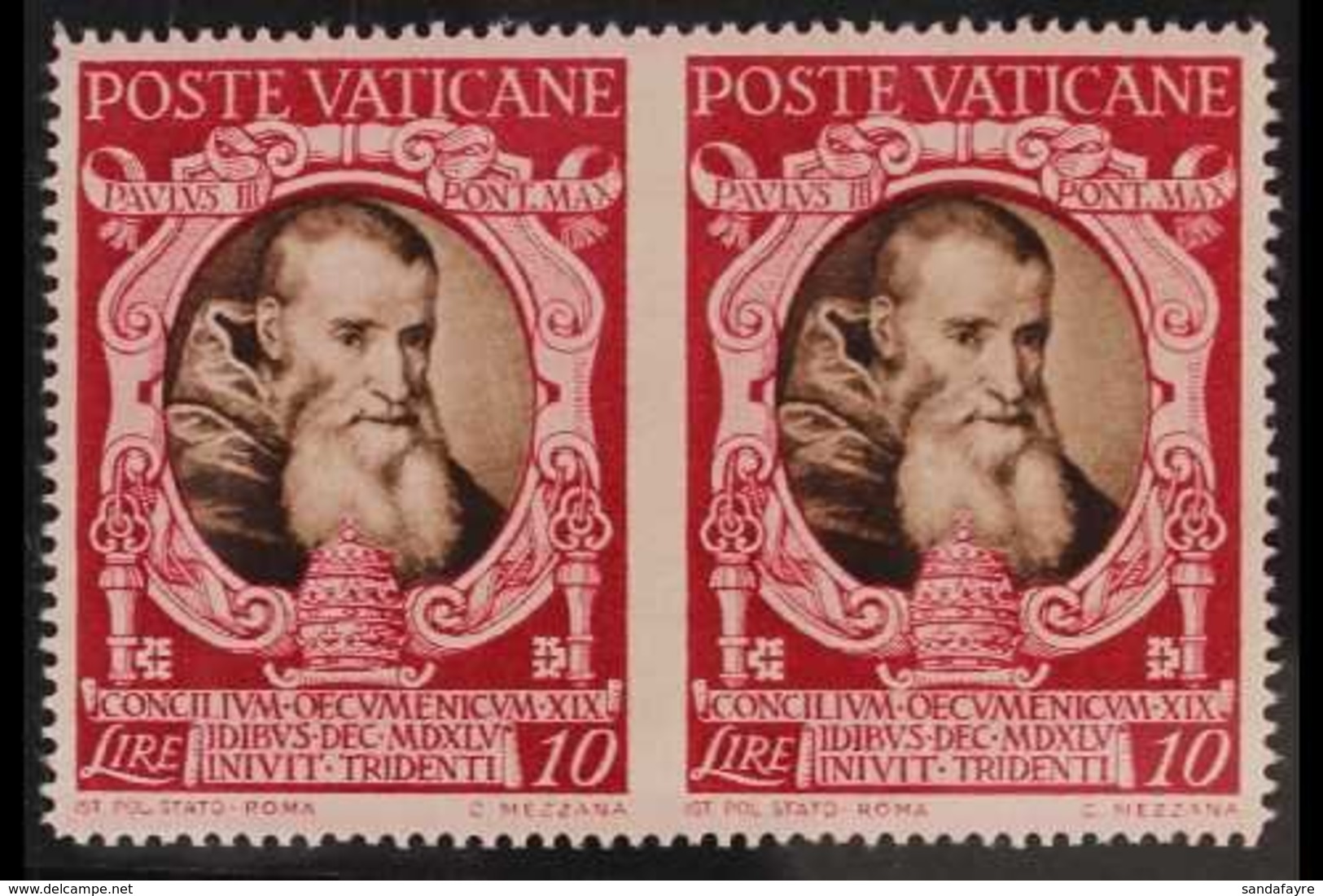 1946 VARIETY  10L Carmine And Brown Council Of Trent Variety "horizontal Pair, Imperf Between", Sass 121i, Very Fine Nev - Altri & Non Classificati