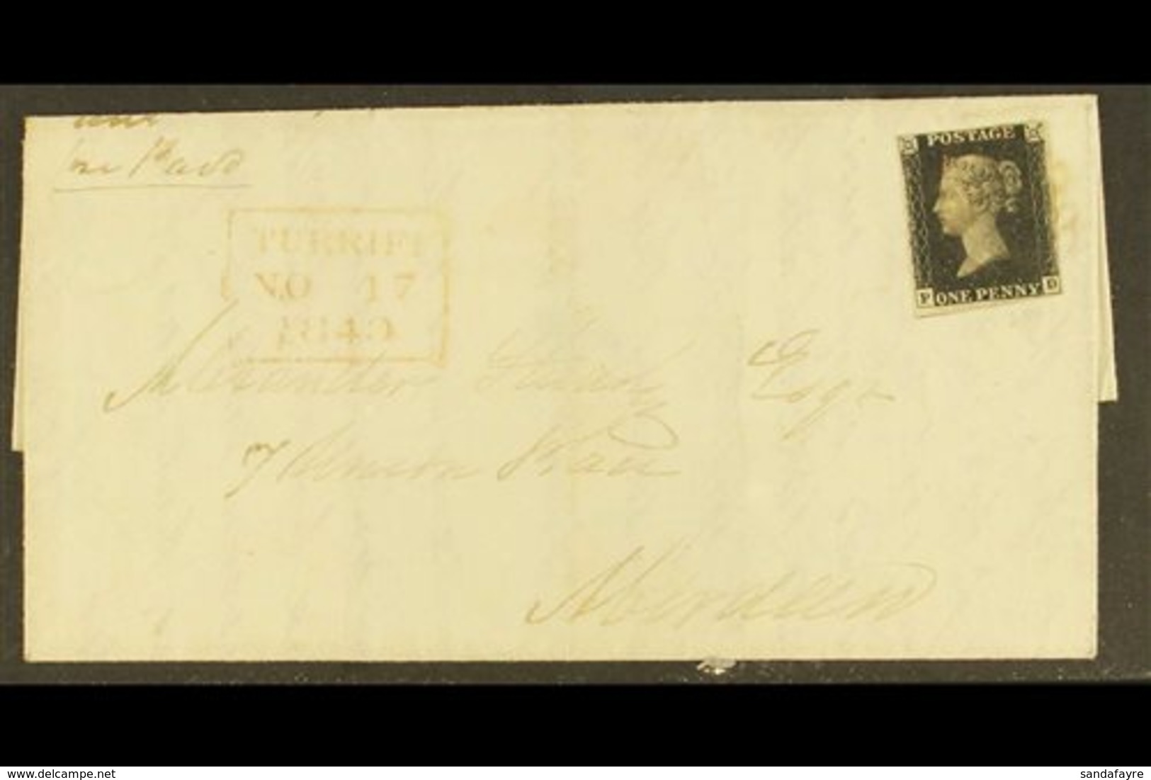 1840  (17 Nov) EL From Turriff To Aberdeen Bearing 1d Intense Black 'PD', Plate 2 (SG 1) With 4 Small To Very Large Marg - Non Classificati