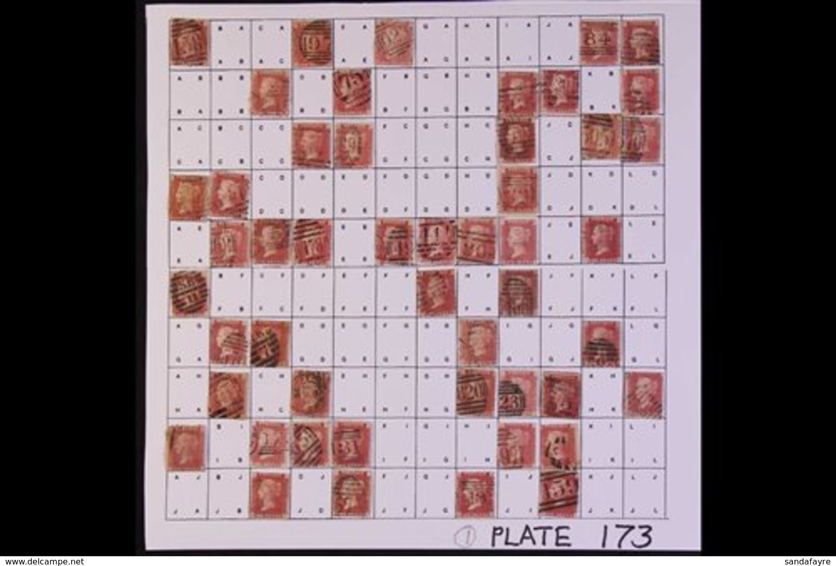 1864-79 PENNY RED PARTIAL PLATE RECONSTRUCTION  PLATE 173 - A Partly Complete Used Reconstruction With 109 Of The 240 Ch - Autres & Non Classés