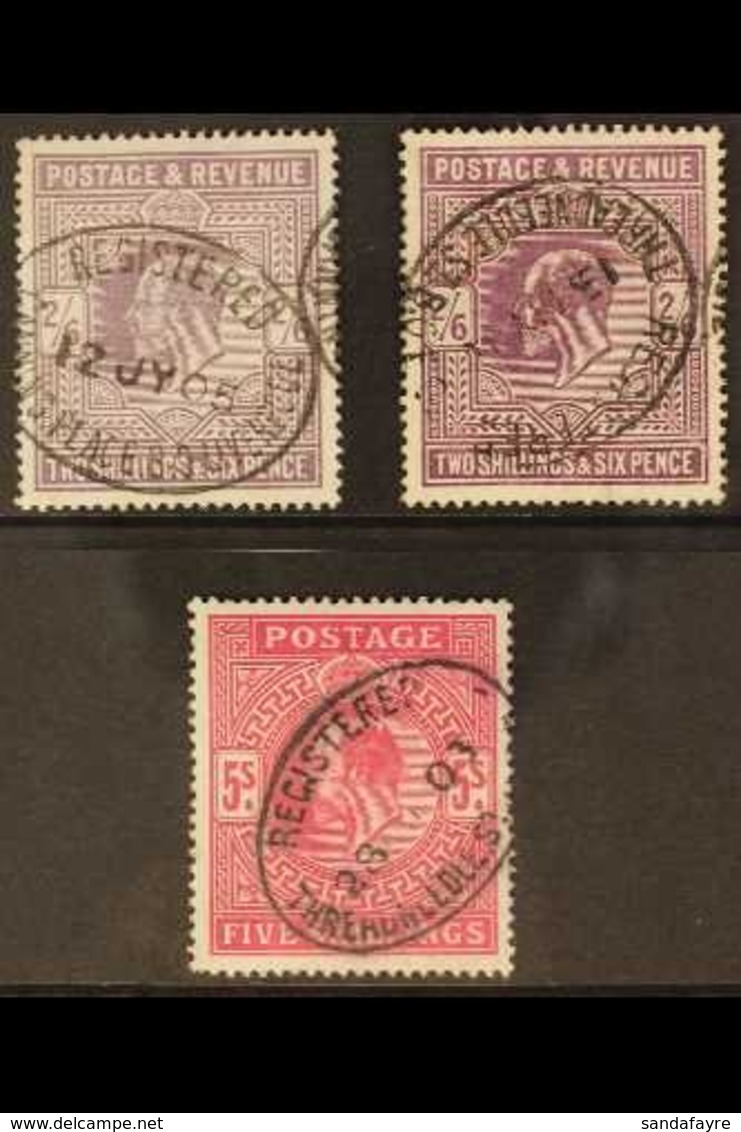 1902-10  2s6d Lilac, 2s6d Dull Purple & 5s Deep Bright Carmine (SG 260, 262 & 264), Used With Nice Oval Registered Postm - Non Classificati