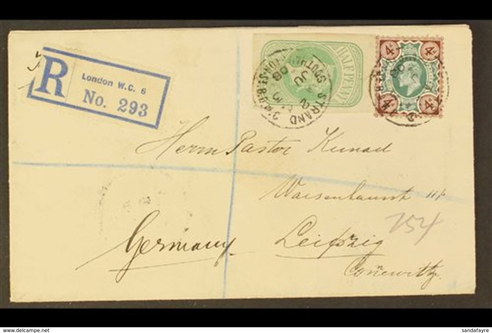 1908  (3 June) Registered Cover Addressed To Germany, Bearing 4d KEVII Stamp And ½d QV Postal Stationery Wrapper Cut-out - Sin Clasificación