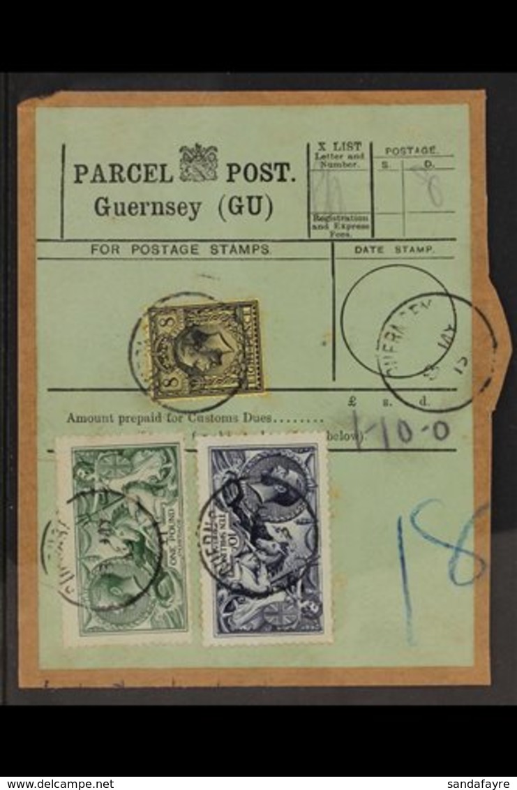 1913 HIGH VALUES PARCEL POST LABEL.  A Scarce Item Bearing A 10s Indigo "Seahorse" (SG 402), £1 Dull Blue Green "Seahors - Unclassified