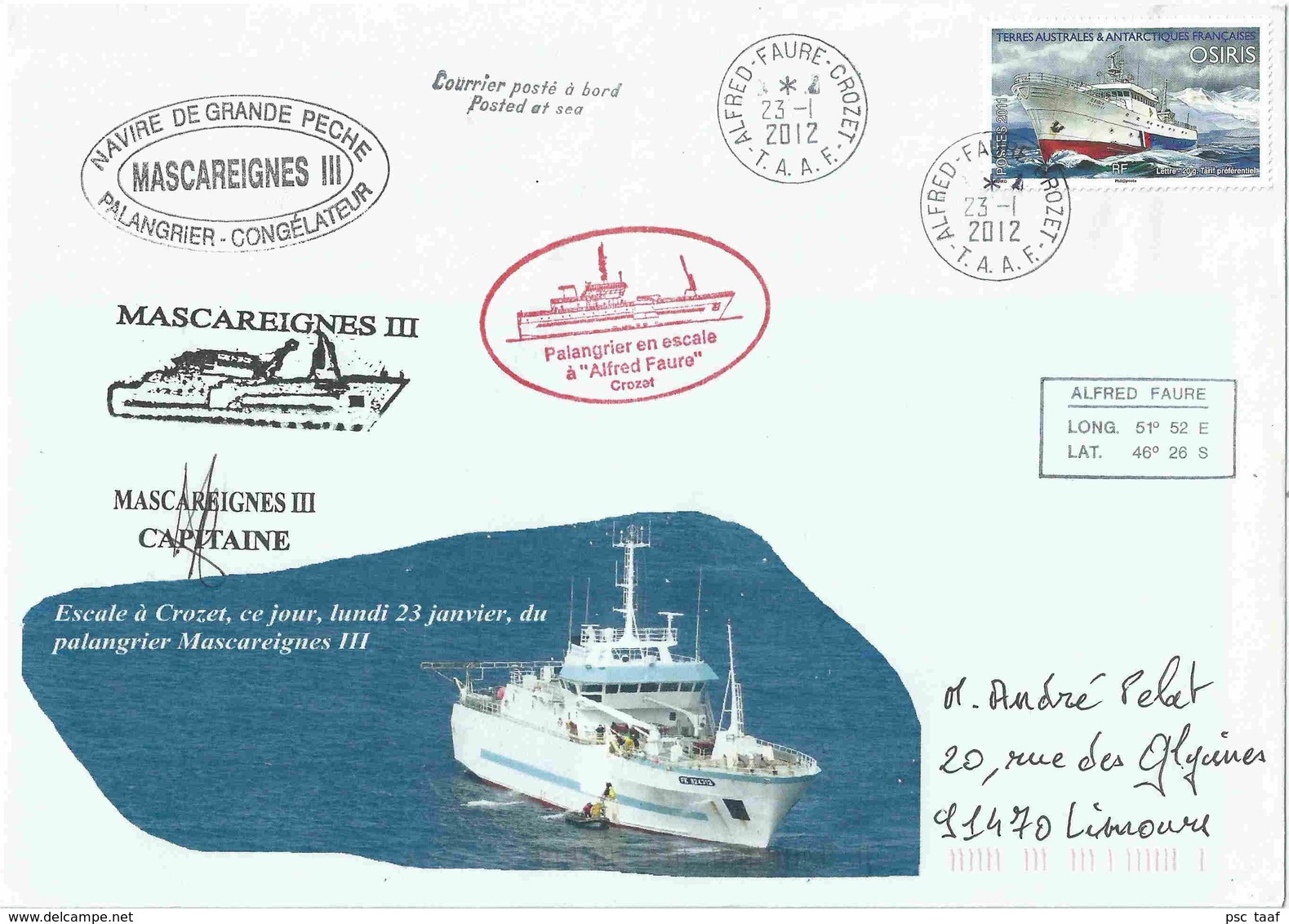 YT 594 _ Bateau Osiris - Posté à Bord Du Mascareigne III - Alfred Faure - Crozet - 23/01/2012 - Lettres & Documents