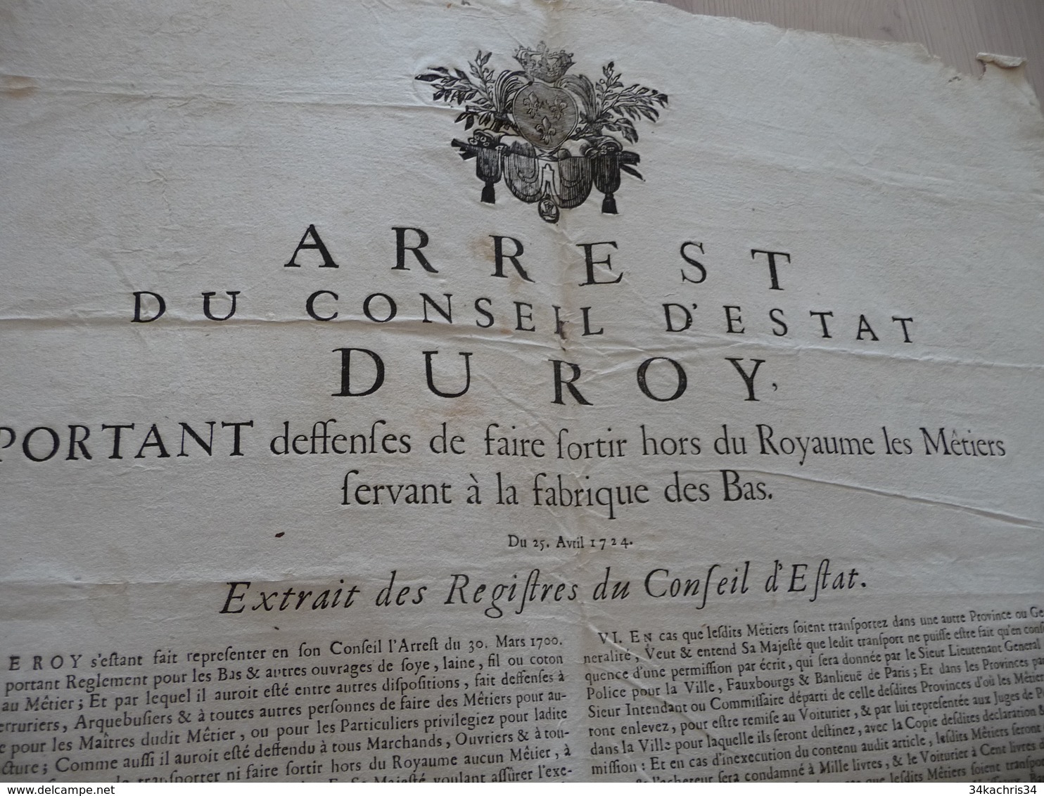 Grande Affiche Placard 2 X A3 Environs Arrest Du Roi 25/04/1754 Sortie Des Mêtiers Servant Fabrique Des Bas Soie Laine E - Decrees & Laws