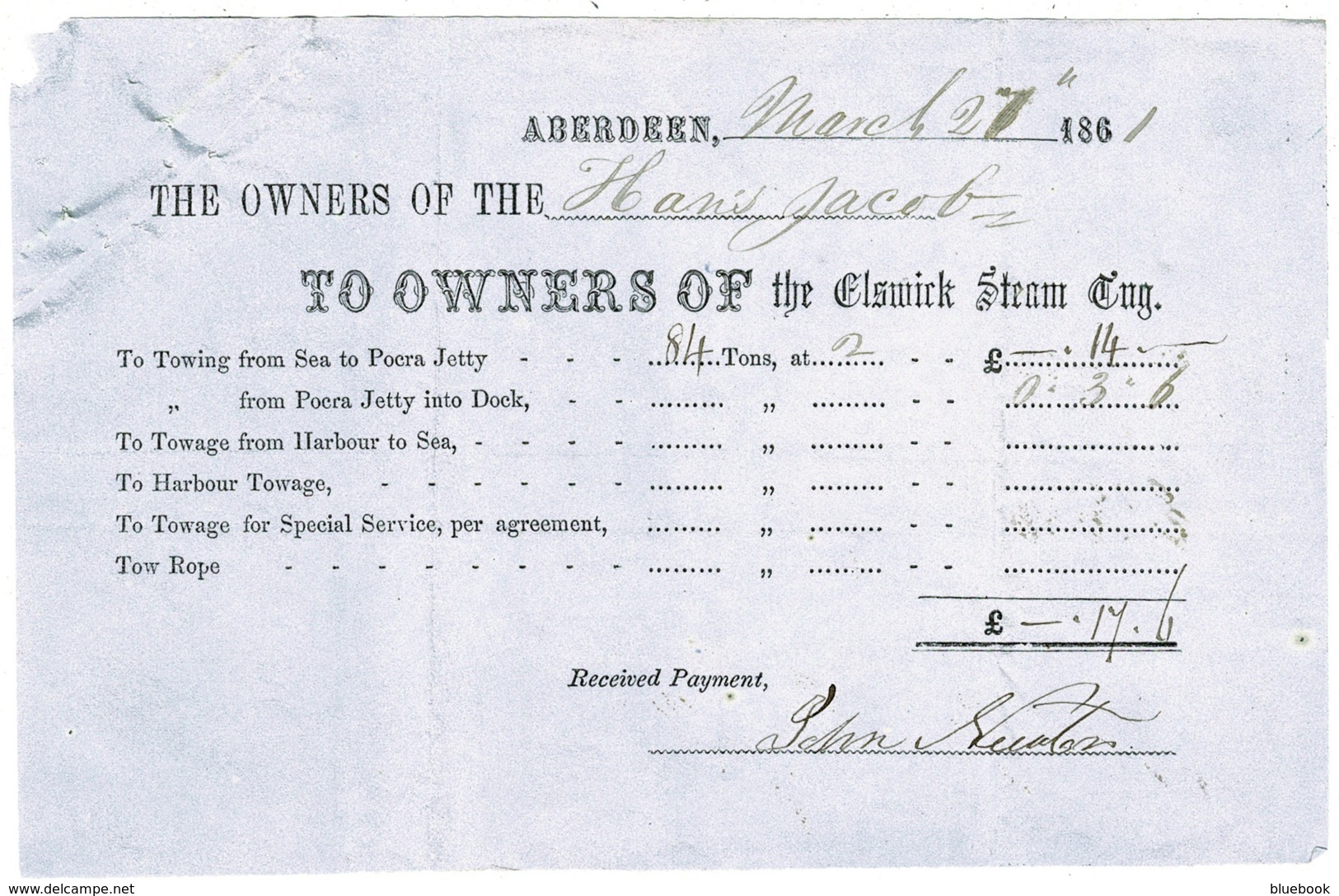 Ref 1304 - 1861 Receipt - Shipping Document Elsmirk Steam Eng. - Aberdeen Towing Charge - United Kingdom