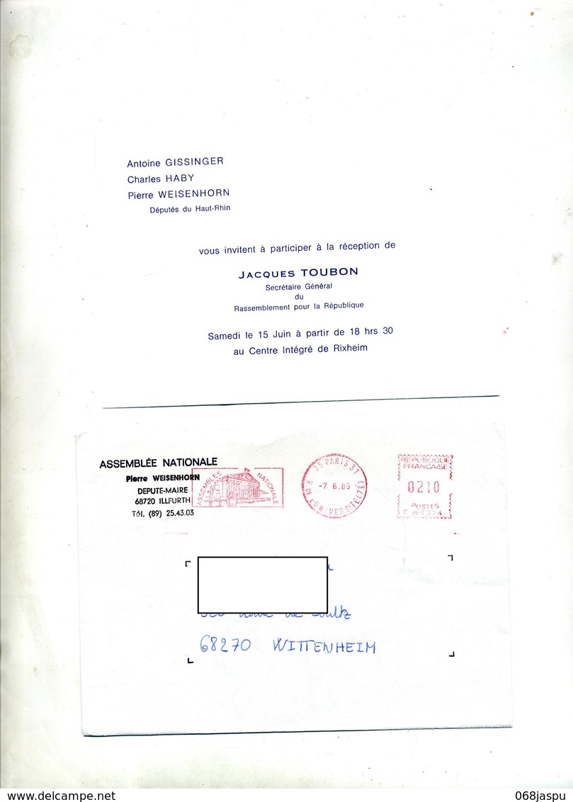 Lot 5 Lettre Flamme Assemblee Nationale  Depute Haut-rhin - EMA (Empreintes Machines à Affranchir)