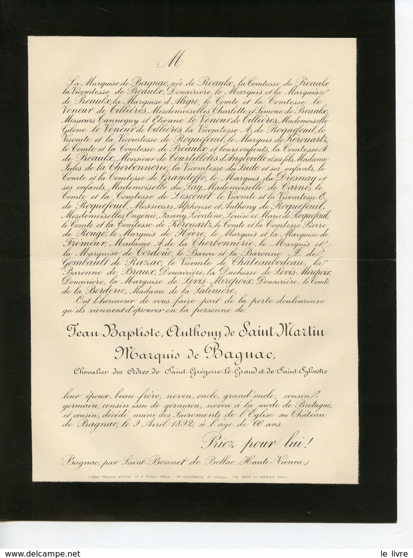 ST BONNET DE BELLAC 87 CHATEAU DE BAGNAC FAIRE-PART DE DECES DE J.B.A. DE ST-MARTIN MARQUIS DE BAGNAC 1892 - Esquela