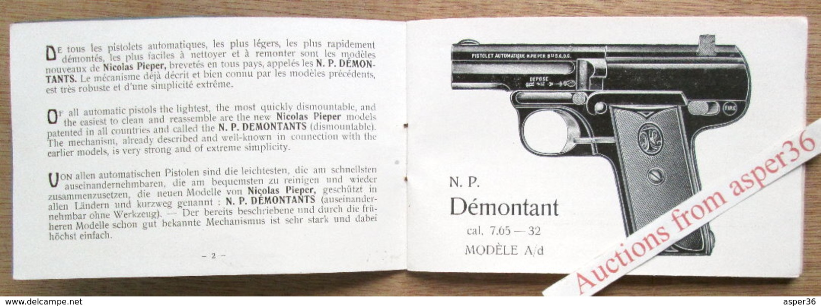 Catalogue "Pistolets Automatiques Démontable Sans Outils Nicolas Pieper, Modèle A/d Et Modèle D., Liège Ca 1909 - Collections