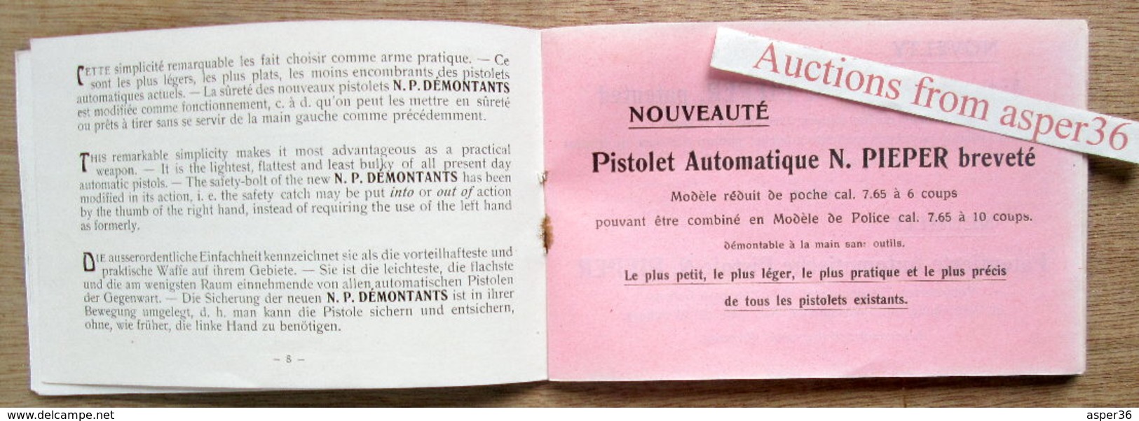 catalogue "Pistolets Automatiques démontable sans outils Nicolas Pieper, Modèle A/d et Modèle D., Liège ca 1909