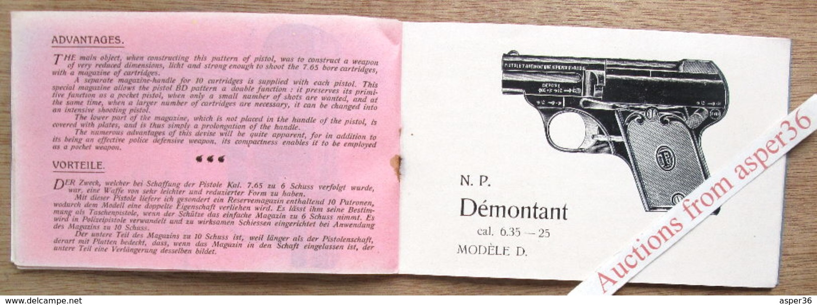 catalogue "Pistolets Automatiques démontable sans outils Nicolas Pieper, Modèle A/d et Modèle D., Liège ca 1909