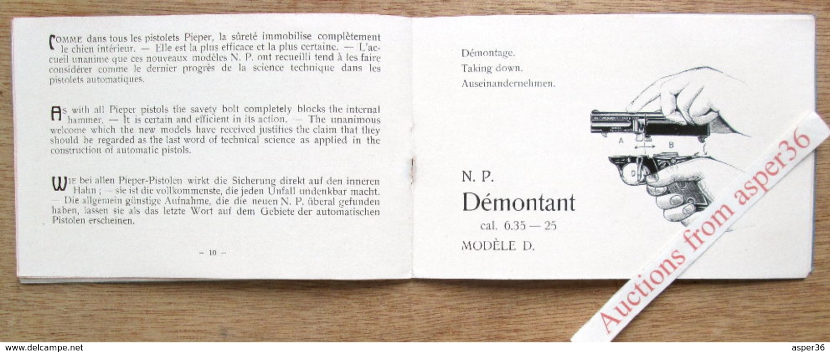 catalogue "Pistolets Automatiques démontable sans outils Nicolas Pieper, Modèle A/d et Modèle D., Liège ca 1909