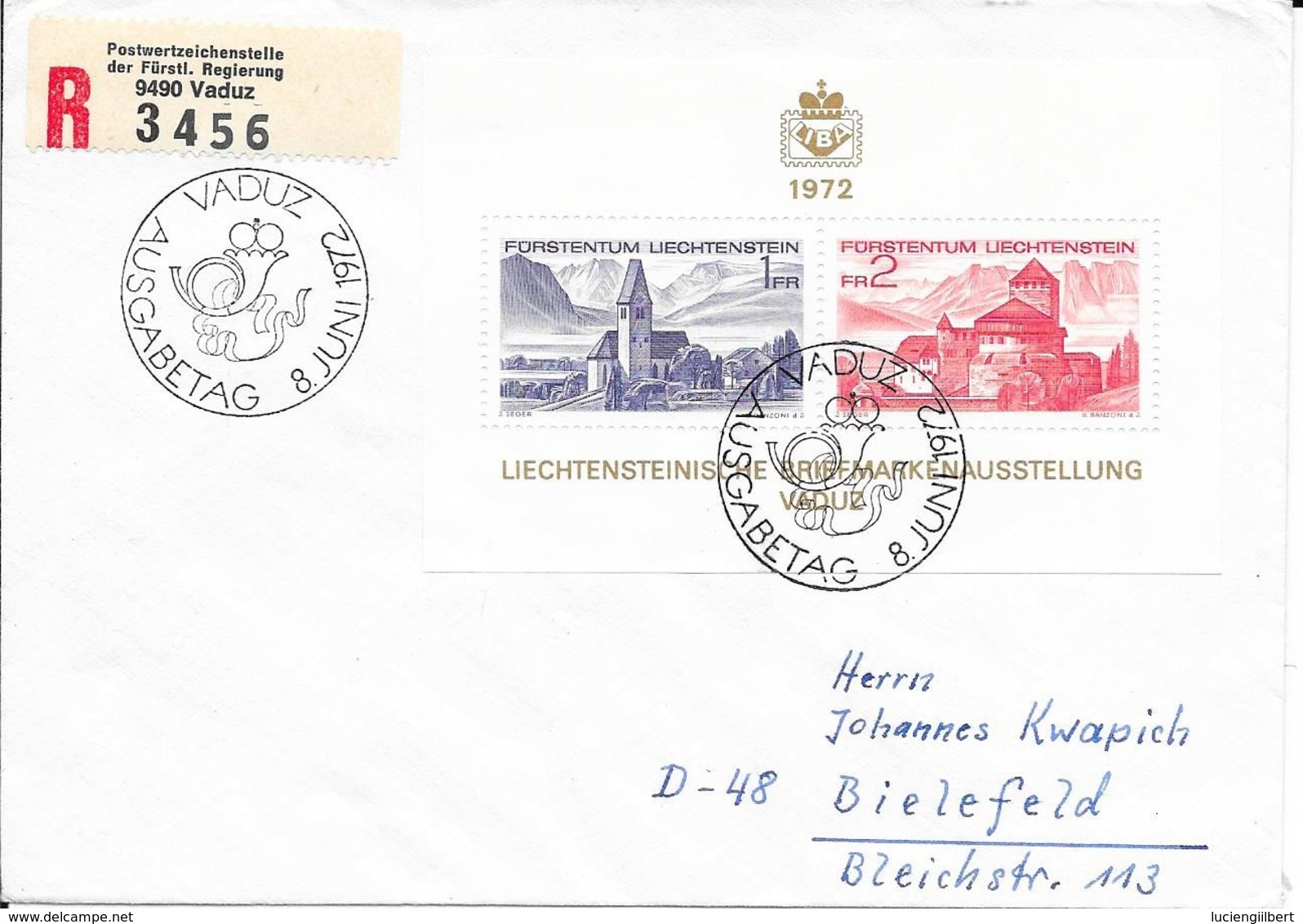 LETTRE RECOMMANDEE 1972 - BLOC FEUILLET N° 12 -  FDC VADUZ AUSGABETAG 8 JUIN 1972 - Máquinas Franqueo (EMA)