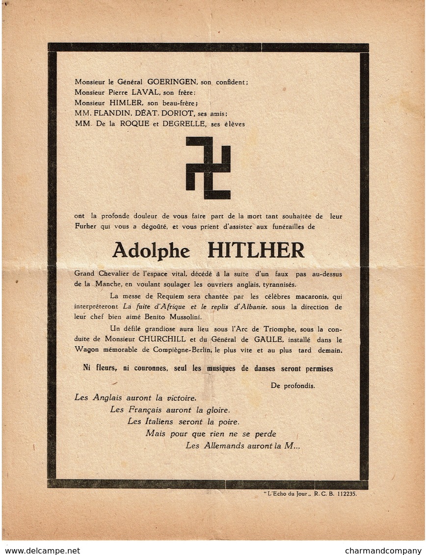 WWII - Faire Part De Décès Satirique Adolf HITLER Militaria - Faute D'orthographe ! - Voir Le Scan - 1939-45