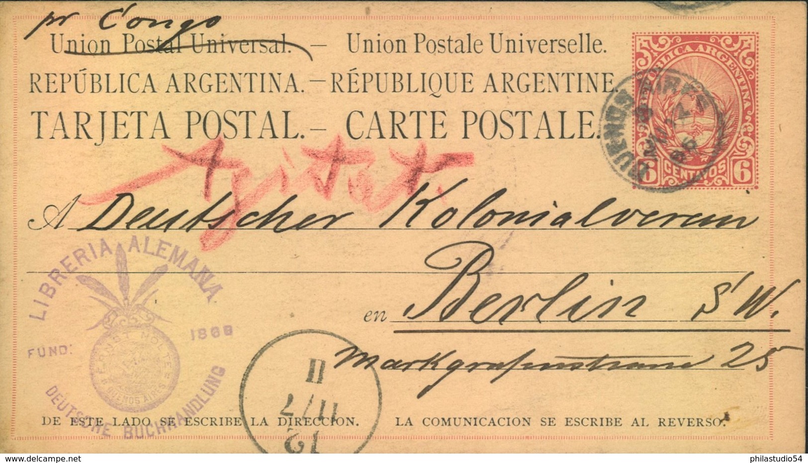 1886, 6 C. Stationery Card From BUENOS AIRES "via Condo" To Berlin. - Autres & Non Classés