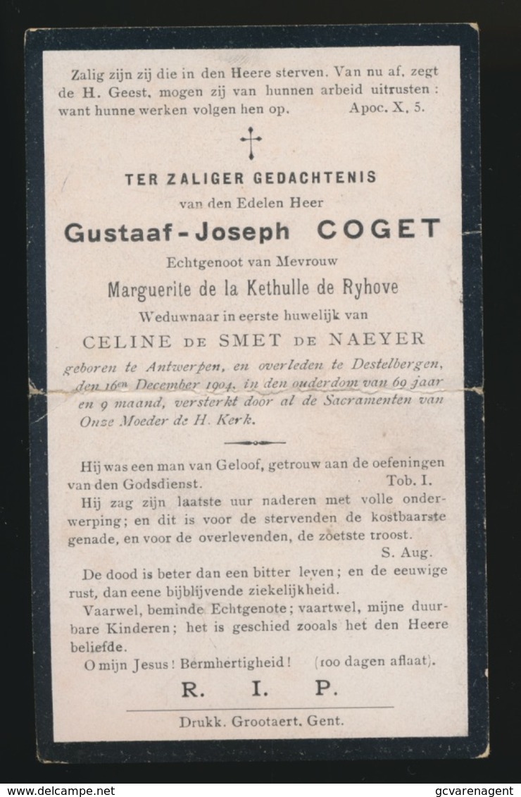 ADEL - NOBLESSE  ==   GUSTAAF COGET  - ANTWERPEN - DESTELBERGEN 1904 -  69 JAAR OUD - Décès