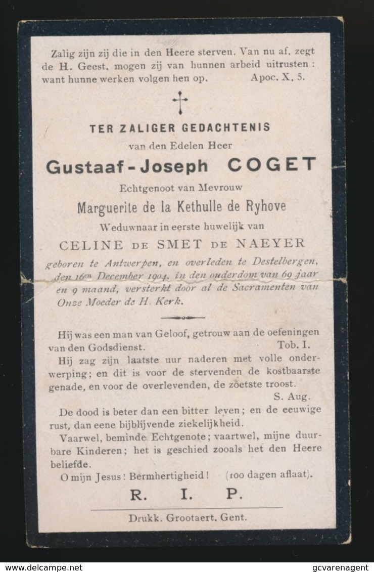 ADEL - NOBLESSE  ==   GUSTAAF COGET  - ANTWERPEN - DESTELBERGEN 1904 -  69 JAAR OUD - Todesanzeige